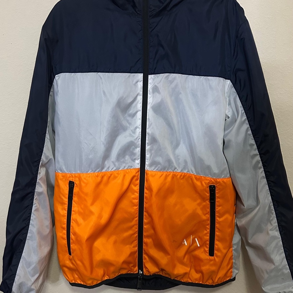 Armani Exchange Men's Windbreaker in Navy, Silver, and Orange